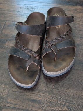 Women’s Dark Brown Braided Leather Sandal Slides with Buckle